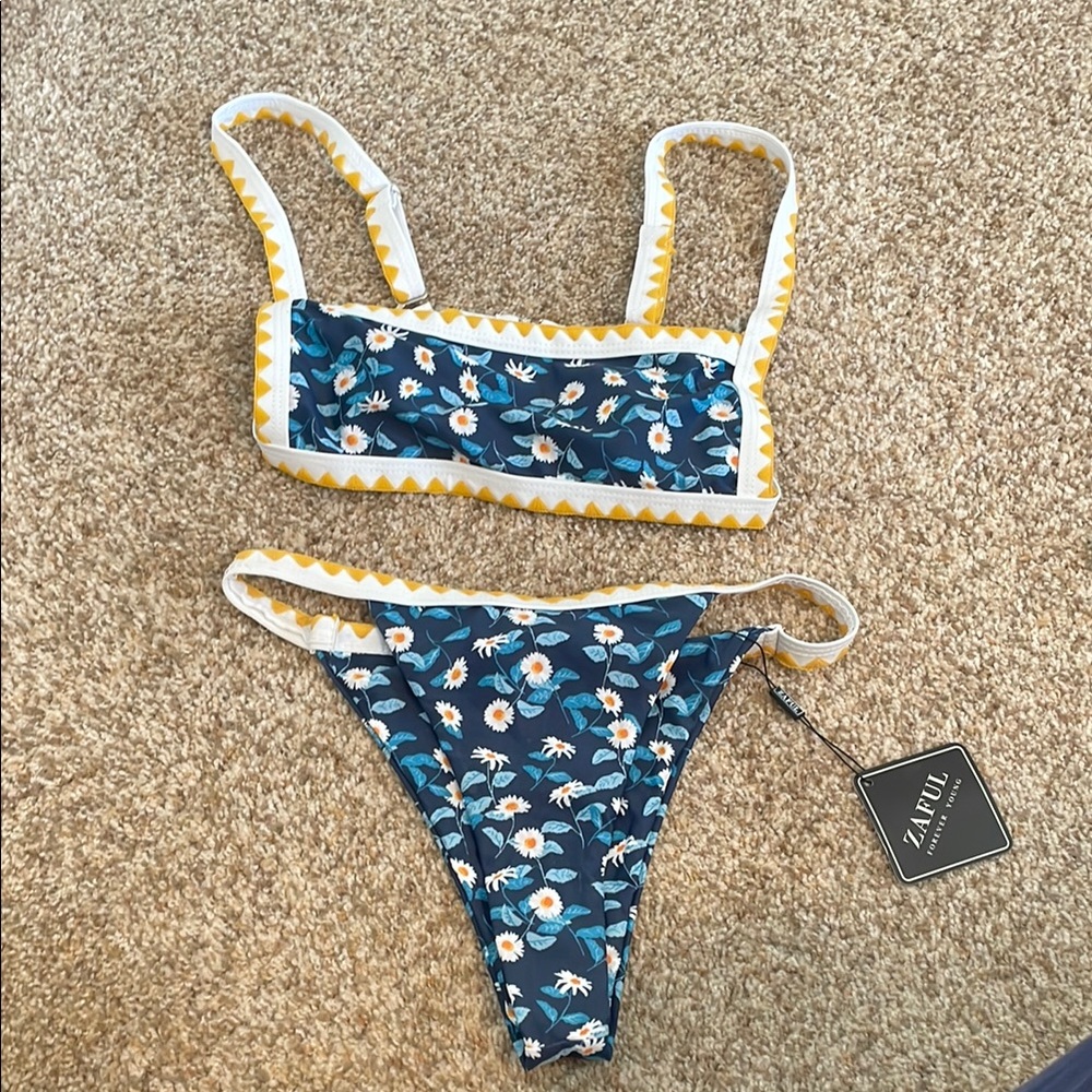 Zaful Floral Bikini Set - Blue and Yellow
